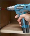 Hand using Premium Multifunctional Cordless Electric Drill Kit Featuring Badass Torque Copper Core Motor for screw tightening.