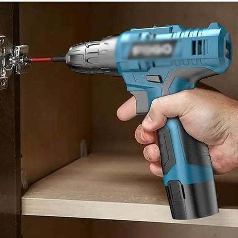 Hand using Premium Multifunctional Cordless Electric Drill Kit Featuring Badass Torque Copper Core Motor for screw tightening.