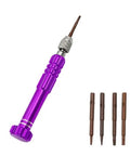 Ultimate 5 In 1 Precision Screwdriver Set With Magnetic Bits, Made Of Chrome Vanadium Steel For Tough Repairs On Phones Watches And Gadgets Featuring T5 T6 Torx Drivers In Cool Purple Finish, with four bits