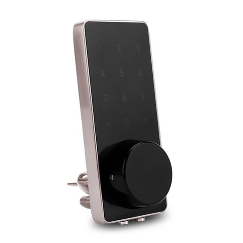 Heavy Duty Smart Door Lock With Smooth Touch Screen Keypad and Plug And Play Keyless Entry Kit featuring sleek black design and knob.