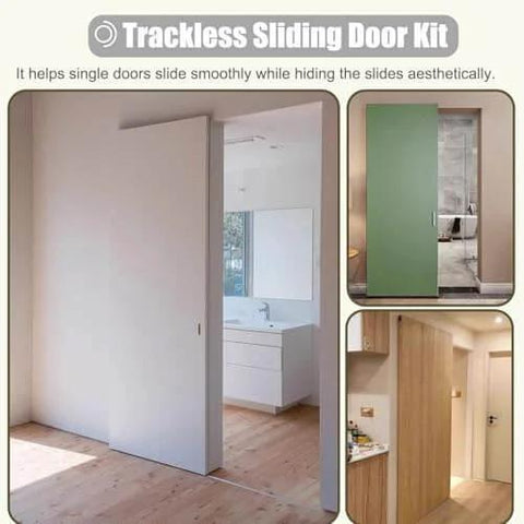 Trackless Sliding Barn Door Kit With Soft Close, Concealed Hardware For 3 To 6 Ft Doors, showing installed door in modern home