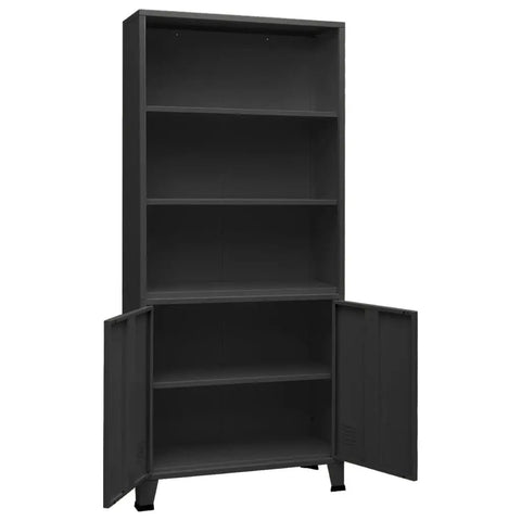 Anthracite Steel Industrial 3 Shelf Bookcase With Two Hinge Doors Heavy Duty Storage Cabinet Organizer shown with open doors