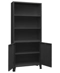 Built Tough Industrial Steel Book Cabinet With Shelves And Doors In Anthracite Finish, shown with open doors and shelves