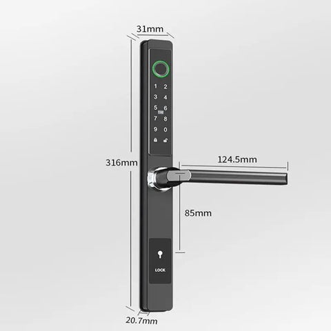 All Weather Smart Door Lock With Hella Durable Fingerprint Entry Smart App Control And Physical Key Backup No Sweat Mounting for heavy duty exterior doors, black touchscreen design.