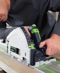 Killer 1200W Plunge Cut Circular Saw With Blazing 5200 RPM Speed And Compact Build For Nailing Dead Straight Door Trims Up To 55mm On Guide Rails With Zero Drama Or Mess in use on a guide rail.