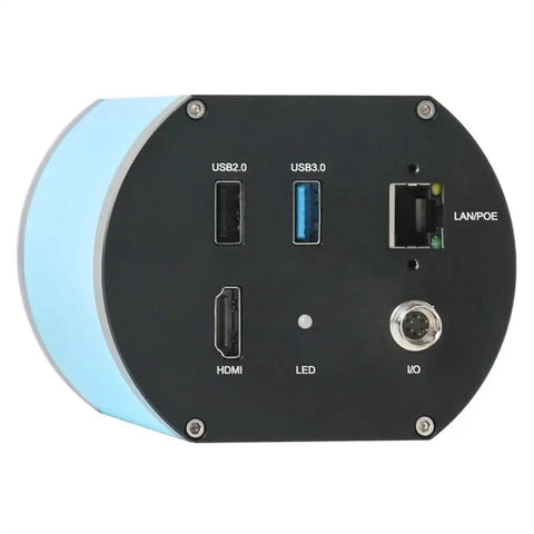 4K Video Microscope Camera for Lab Use with HDMI LAN Output, Autofocus, and CCS Lens, back view with USB, HDMI and LAN ports