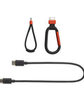 Charging cable and black and red carabiner accessories for Flip 7 Waterproof Portable Bluetooth Speaker Bundle With GSport Carbon Fiber Hardshell Case Black AI Sound Boost For Maximum Audio Outdoor Ready And Rugged Protection For The Ultimate Vibe.