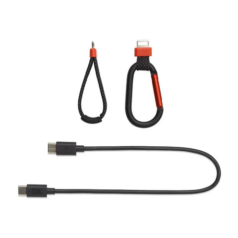 Charging cable and black and red carabiner accessories for Flip 7 Waterproof Portable Bluetooth Speaker Bundle With GSport Carbon Fiber Hardshell Case Black AI Sound Boost For Maximum Audio Outdoor Ready And Rugged Protection For The Ultimate Vibe.