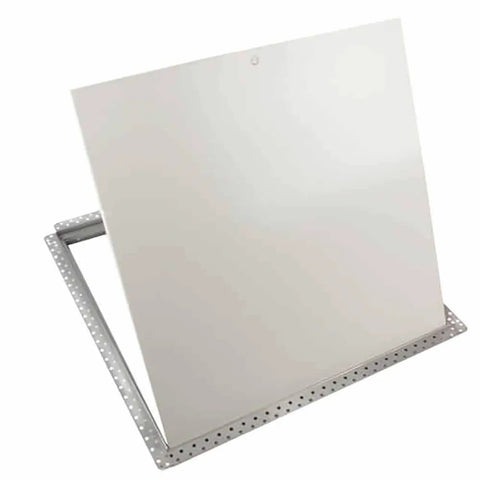Solid 16X16 Inch Flush Drywall Access Panel With Concealed Hinge Beefy Galvanized Steel Build Tough Perforated Taping Bead, ready for installation.