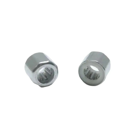 Two chrome hex nuts designed for use with Six Piece Set Of Slick Needle Roller Bearings With One Way Overrunning Clutch Design.