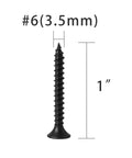 Heavy Duty Black Wood Screws For Cabinet Hinges And Drawer Slides In 304 Stainless Steel Flat Head Self Tapping 6 x 1 200 Count Bulk Pack Natural Black Finish Anti Rust IMSCREWS, close-up view of a single screw showing size and details.