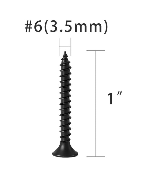 Heavy Duty Black Wood Screws For Cabinet Hinges And Drawer Slides In 304 Stainless Steel Flat Head Self Tapping 6 x 1 200 Count Bulk Pack Natural Black Finish Anti Rust IMSCREWS, close-up view of a single screw showing size and details.