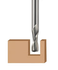 Pro Level Upcut Spiral Router Bit Featuring Solid Carbide Construction And A Quarter Inch Shank cutting through wood profile