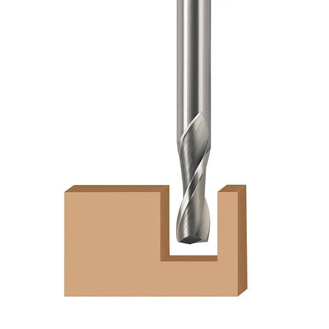 Pro Level Upcut Spiral Router Bit Featuring Solid Carbide Construction And A Quarter Inch Shank cutting through wood profile