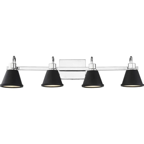 Bette LED Vanity Light Four Light Fixture with sleek polished nickel finish and matte black shade for dope modern bathrooms, 12W, 120V.