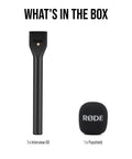 Interview GO Handheld Adaptor For Wireless ME GO And PRO Transmitters with included handle and removable windshield shown in box