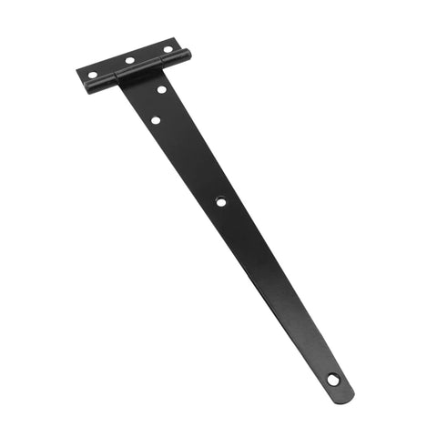 Close-up of black 10-inch Six Piece T Shaped Rust Proof Iron Door Hinge with six fixing holes for wooden doors