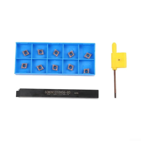 Premium Lathe Turning Tool Set With SCMCN1010H06 Holder And Ten CCMT060204 Carbide Inserts in storage box.