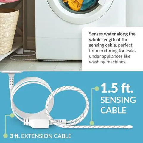 Smart WiFi Water Leak Detector Starter Kit With Two Sensors 100 dB Alarm App Alerts LED Strobe No Hub Needed Works With Google 1000ft Range Expandable System sensing cable and extension cable setup next to washing machine