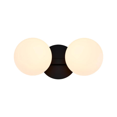 Dope Matte Black Two Light Globe Vanity Wall Sconce, Modern Mid Century Style Bathroom Light Fixture With Opal Glass Shades