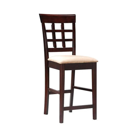 Hella Sturdy 9 Piece Square Dining Set With Counter Height Table Classic Frosted Glass Lazy Susan Smart Storage Base And Rock Solid Tan Upholstered Chairs Seating For Eight Tan upholstered chair with wooden frame and slatted back design.