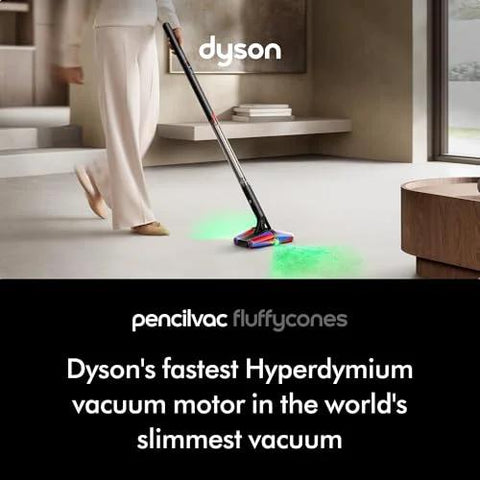 Dyson PencilVac Fluffycones cordless vacuum, black with multicolor cleaning head, side view