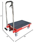 Red steel scissor lift table cart with dark platform, 500 lb capacity, caster wheels (angled front view)