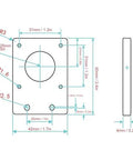 Technical diagram of 5 Pack Aluminum Motor Mount Plate Kit for NEMA 17 Stepper Motors, Black 42x42mm, showing dimensions and placement.