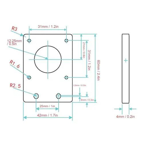 Technical diagram of 5 Pack Aluminum Motor Mount Plate Kit for NEMA 17 Stepper Motors, Black 42x42mm, showing dimensions and placement.