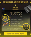 TOVO PRIME anti-fog eyeglasses wipes package front view with 200 wipes and microfiber cloth.