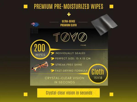 TOVO PRIME anti-fog eyeglasses wipes package front view with 200 wipes and microfiber cloth.