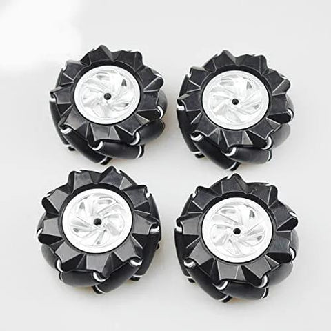 Four black 80mm mecanum wheels with silver hubs for DIY robot car chassis.