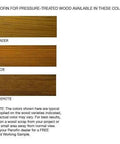 Hella Waterproof Pressure Treated Wood Stain, Badassadeck Protection, showing color swatches Rainier, Tahoe, and Yosemite for treated wood.