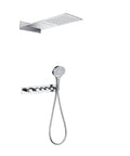 RIBEUJIZS Digital Shower System, Black Bathroom Thermostatic Shower System, stainless steel ceiling and handheld shower heads.
