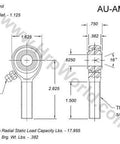 Technical drawing of AM-10T Rod End Bearing with 0.625 inch bore and 5/8-18 right hand thread, solid race in 4130 steel body for metal contact.