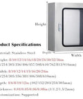 Stainless steel outdoor electrical enclosure box dimensions and specifications chart.