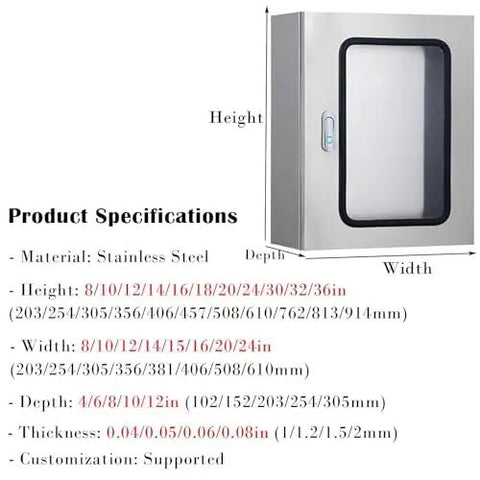 Stainless steel outdoor electrical enclosure box dimensions and specifications chart.