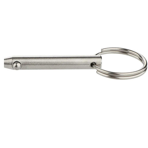 Two-piece stainless steel quick-release pin with ring for marine hardware; 5/16 in diameter, 2.17 in overall length