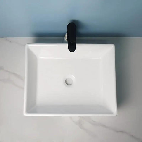USZWBY Vessel Sinks Modern Minimalist Home Balcony Ceramic Wash Basin Bathroom Square Flat Bottom view from above with faucet.