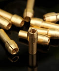 10 Pack Brass Collet Nut Adapters 3.2mm Replacement for Dremel Rotary Tools, shown in a scattered arrangement, highlighting material and size.