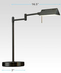 LED Desk Lamp With Full Range Dimming 12W, 1050 Lumens, 360 Degree Swing Arm, black finish, measurements shown