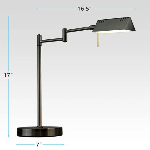 LED Desk Lamp With Full Range Dimming 12W, 1050 Lumens, 360 Degree Swing Arm, black finish, measurements shown