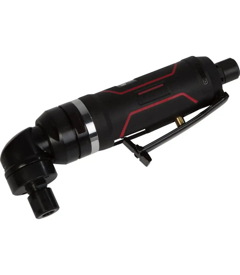 Straight Shooting Pneumatic Right Angle Die Grinder With 12000 Rpm Variable Speed Throttle And 1 Hp Air Motor angled view with black composite housing.
