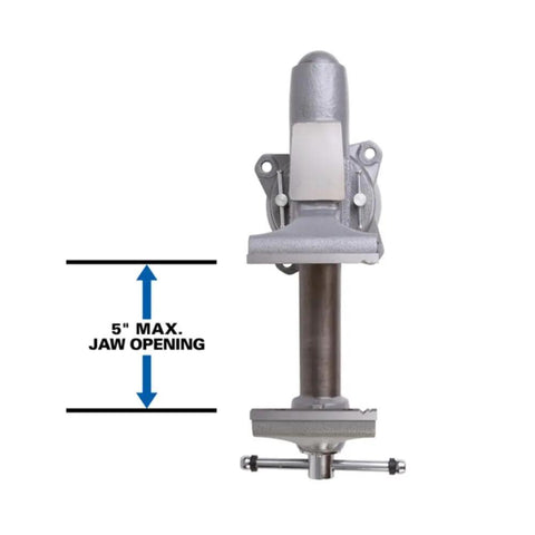 5 Inch Apprentice Vise WVA5 Heavy Duty 6600 Lbs Clamping Force For Metalworking And Shop Projects With Fast Setup And Minimal Downtime Precision Machined Slide Rail For Smooth Action 3.25 In Throat 1/4 To 2-1/2 In Pipe Capacity, side view with 5 in jaw opening