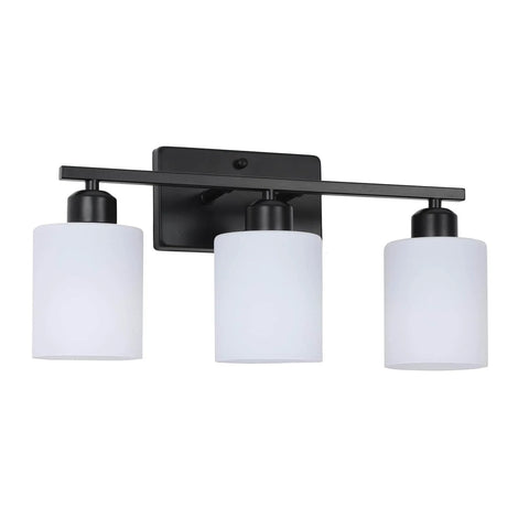 Three Light Black Matte Vanity Light Fixture With Milky White Frosted Glass Shades For Bathroom Over Mirror, Modern Wall Sconce