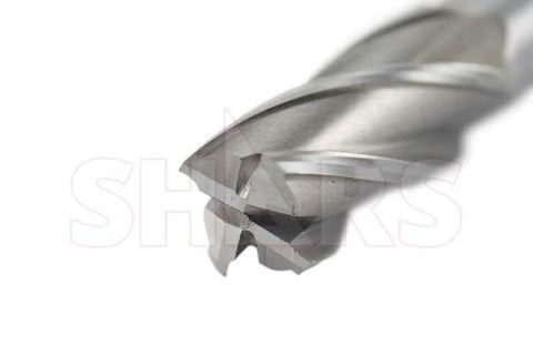 Shars end mill, HSS, 7/8 in diameter, 4-flute center-cut, close-up of cutting tip