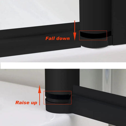 Close-up of adjustable hinge mechanism on the Slick Matte Black Frameless Pivot Shower Door featuring thick clear tempered glass.