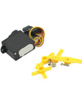 Ultra Light 3.7G Micro Servo Motor For Rc Plane And F3P Drones with yellow arms and screws for attachment.