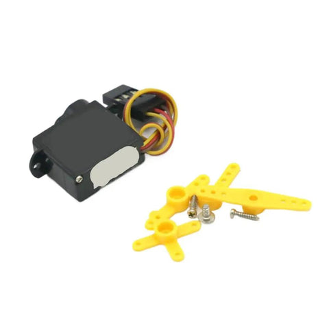 Ultra Light 3.7G Micro Servo Motor For Rc Plane And F3P Drones with yellow arms and screws for attachment.