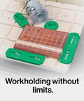 MatchFit CNC Clamping Kit For Woodworking And Milling, 11 Piece Green Set showing clamps installed on a CNC machine with wood.